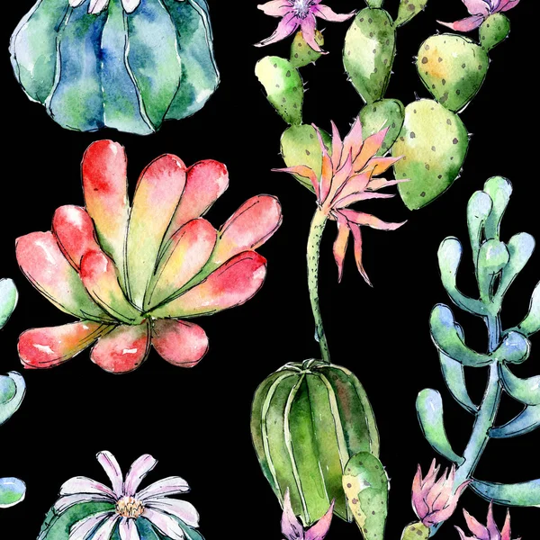 Wildblumen-Kakteen Blumenmuster im Aquarell-Stil. — Stockfoto