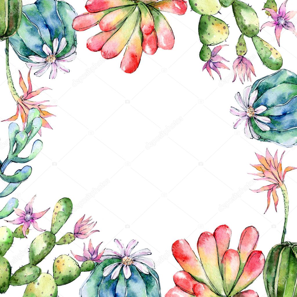 Wildflower cactuses flower frame in a watercolor style.