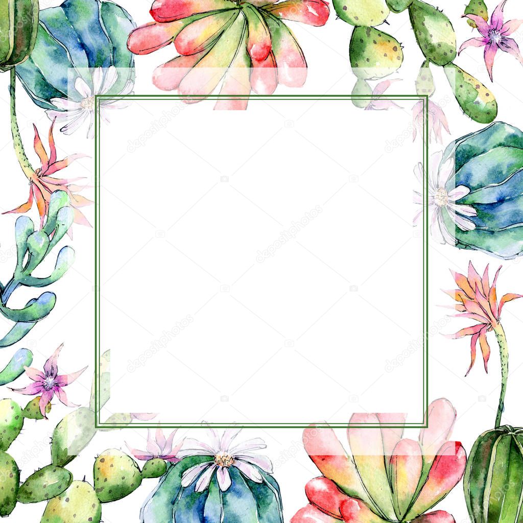Wildflower cactuses flower frame in a watercolor style.