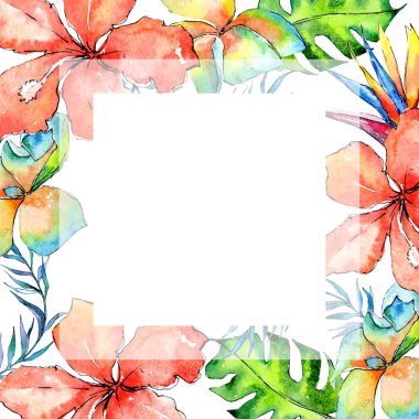 Tropikal Hawaii palmiye ağacı çerçeve bir suluboya tarzında bırakır..