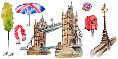 Suluboya Londra illüstrasyon. Büyük Britanya'nın el çizilmiş sembolleri.