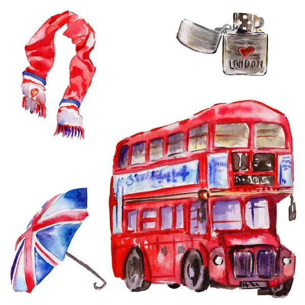 Suluboya Londra illüstrasyon. Büyük Britanya'nın el çizilmiş sembolleri.