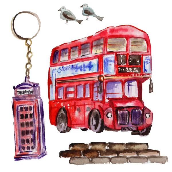 Acuarela ilustración de Londres. Gran Bretaña símbolos dibujados a mano . —  Fotos de Stock