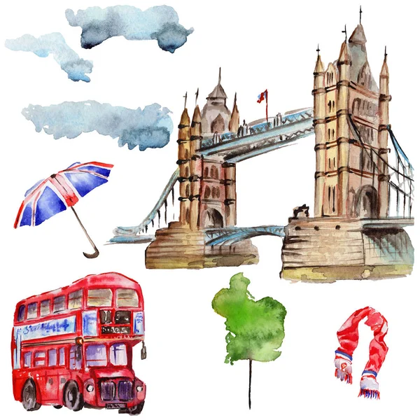 Aquarell London Illustration. große britische Hand gezeichnete Symbole. — Stockfoto