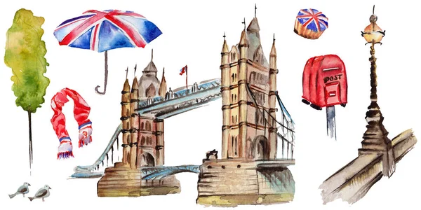 Illustrazione acquerello Londra. Gran Bretagna simboli disegnati a mano . — Foto Stock