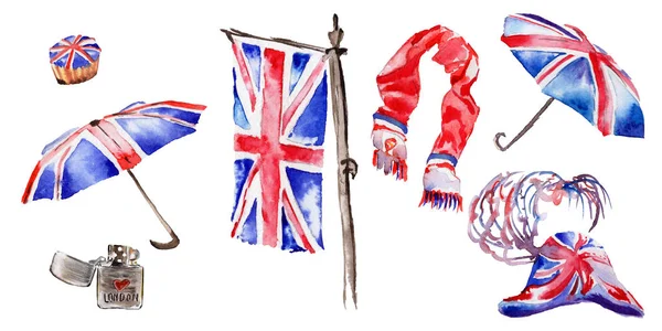 Watercolor ilustração de Londres. Grã-Bretanha símbolos desenhados à mão . — Fotografia de Stock
