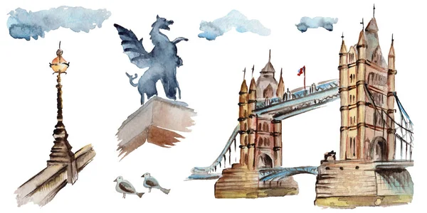 Акварель Лондон ілюстрації. Великобританія руки звертається символи. — стокове фото