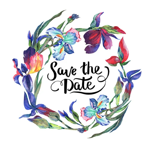 Kır çiçeği Iris çiçek çelenk suluboya tarzında.