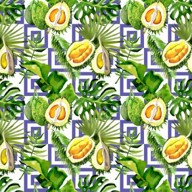 Tropikal Hawaii palmiye ağacı ve durian desen bir suluboya tarzında bırakır..