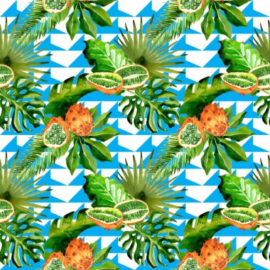 Tropikal Hawaii palmiye ağacı ve kiwano desen bir suluboya tarzında bırakır..