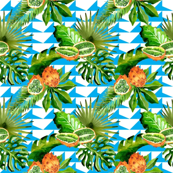 Tropical Hawaii leaves palm tree and kiwano pattern in a watercolor style. — Stock Photo, Image