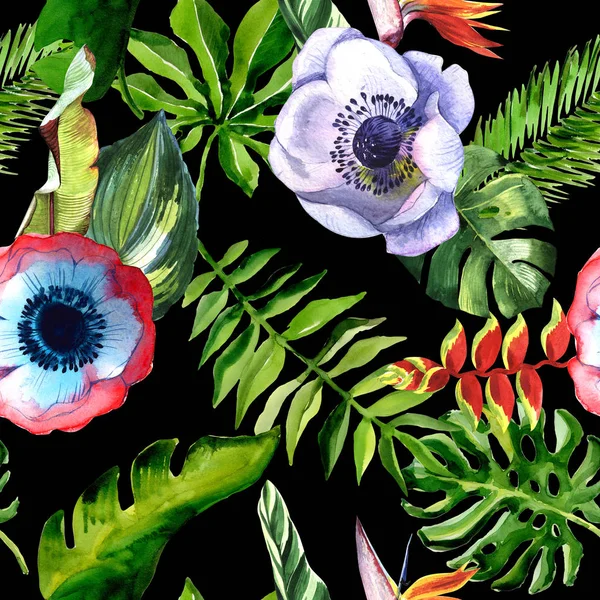 Tropikal Hawaii yaprakları palmiye ağacı ve tropikal çiçek deseni bir suluboya tarzında.