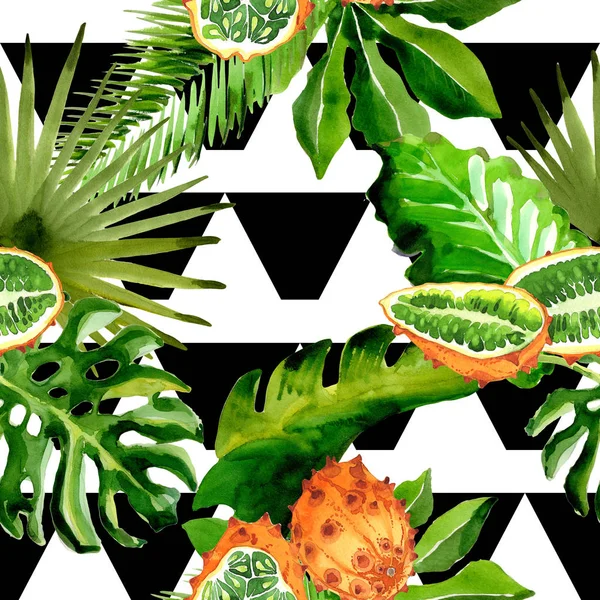 热带夏威夷叶棕榈树和黄瓜模式以水彩风格. — 图库照片