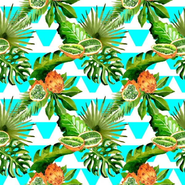 Tropical Hawaii leaves palm tree and kiwano pattern in a watercolor style. — Stock Photo, Image