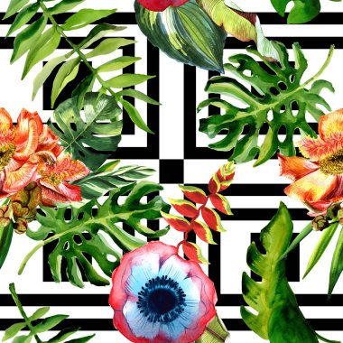 Tropikal Hawaii yaprakları palmiye ağacı ve tropikal çiçek deseni bir suluboya tarzında.