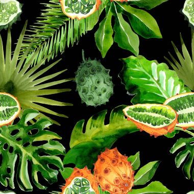 Tropikal Hawaii palmiye ağacı ve kiwano desen bir suluboya tarzında bırakır..