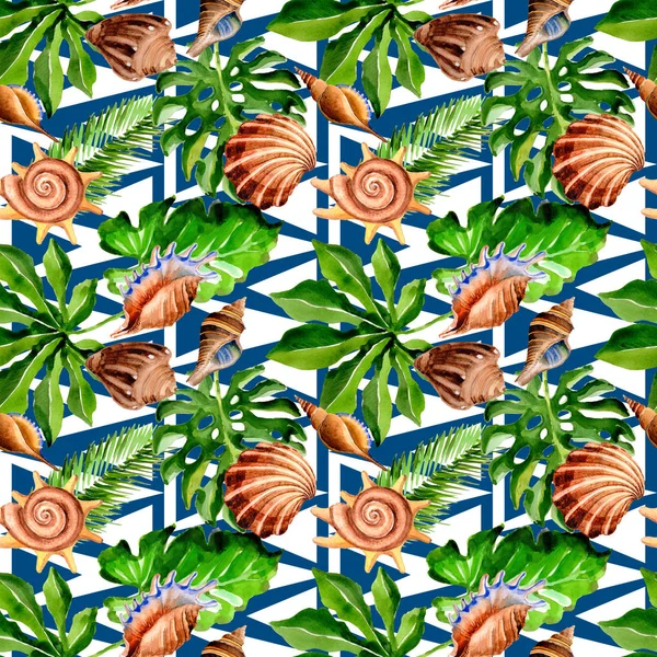Tropische Hawaii-Blätter Palme und Muschelmuster im Aquarell-Stil. — Stockfoto