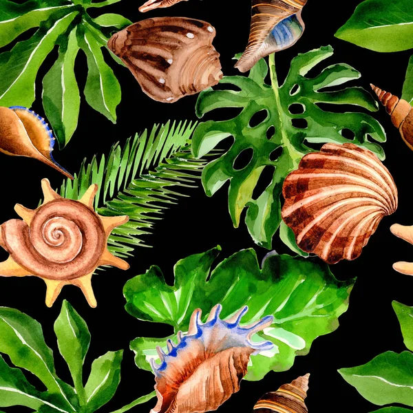 Tropical Hawaii leaves palm tree and sea shell pattern in a watercolor style. — Stock Photo, Image