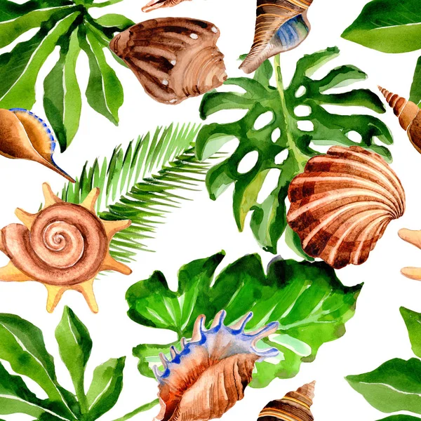 Тропічний Гаваї листя Пальмова дерево і море оболонки шаблон в акварель стиль. — стокове фото
