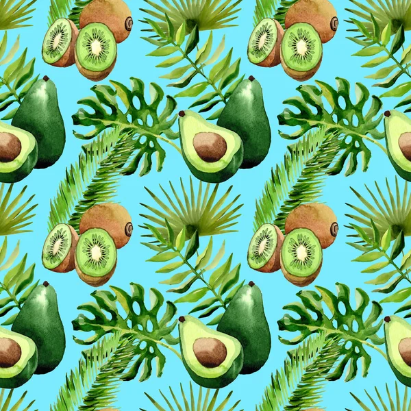 Tropical Hawaii leaves palm tree, kiwi and avocado pattern in a watercolor style. — Stock Photo, Image