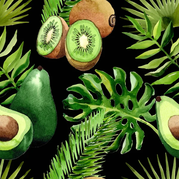 Tropiska Hawaii lämnar Palm, kiwi och avokado mönster i akvarell stil. — Stockfoto