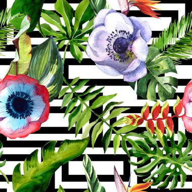 Tropikal Hawaii yaprakları palmiye ağacı ve tropikal çiçek deseni bir suluboya tarzında.