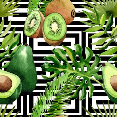 Tropikal Hawaii palmiye ağacı, kivi ve avokado desen bir suluboya tarzında bırakır.