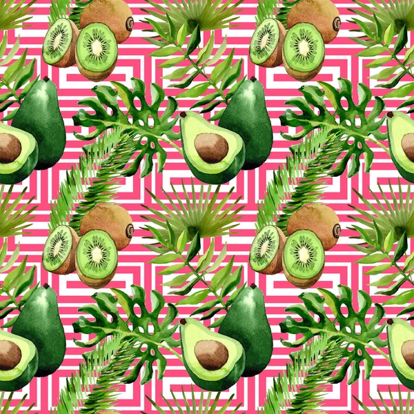 Tropical Hawaii leaves palm tree, kiwi and avocado pattern in a watercolor style. — Stock Photo, Image