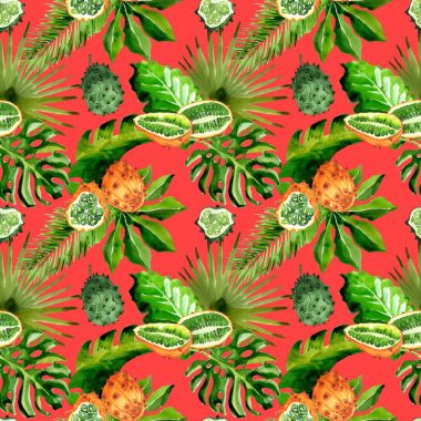 Tropikal Hawaii palmiye ağacı ve kiwano desen bir suluboya tarzında bırakır..