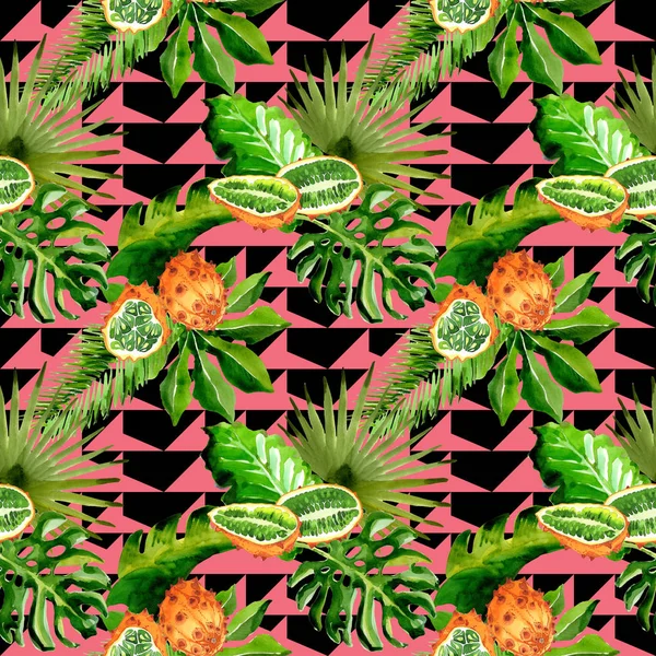 Hawaje tropikalny liści palm tree i kiwano wzór w stylu przypominającym akwarele. — Zdjęcie stockowe