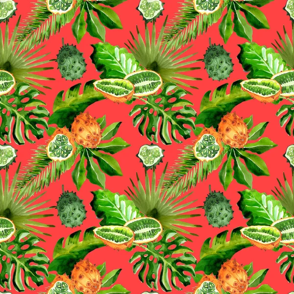 Tropical Hawaii leaves palm tree and kiwano pattern in a watercolor style.