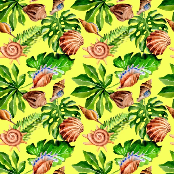 Hawaje tropikalny liści palm tree i morze powłoki wzór w stylu przypominającym akwarele. — Zdjęcie stockowe