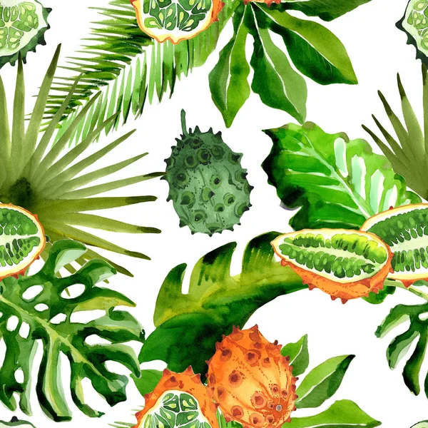 Tropikal Hawaii palmiye ağacı ve kiwano desen bir suluboya tarzında bırakır..