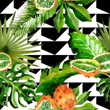 Tropikal Hawaii palmiye ağacı ve kiwano desen bir suluboya tarzında bırakır..