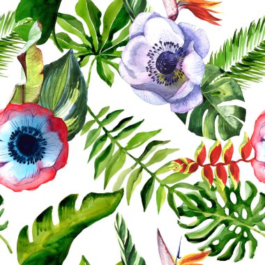 Tropikal Hawaii yaprakları palmiye ağacı ve tropikal çiçek deseni bir suluboya tarzında.