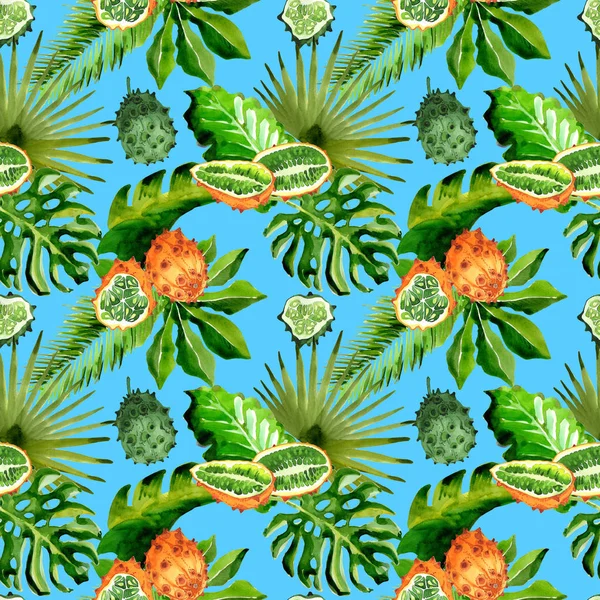 Tropical Hawaii leaves palm tree and kiwano pattern in a watercolor style. — Stock Photo, Image