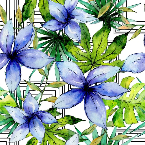 Tropical Hawaii leaves plants pattern  in a watercolor style.
