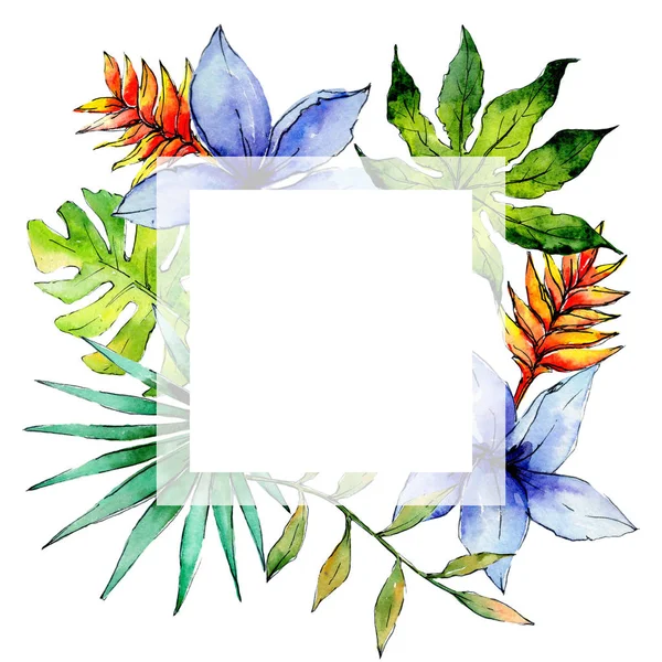Tropical Hawaii leaves plants frame  in a watercolor style.
