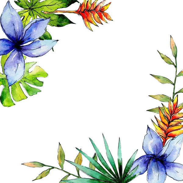 Tropische Hawaii-Blätter umrahmen Pflanzen im Aquarell-Stil. — Stockfoto