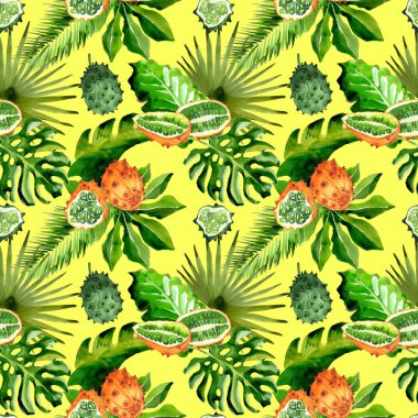 Tropikal Hawaii palmiye ağacı ve kiwano desen bir suluboya tarzında bırakır..