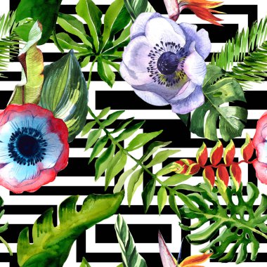 Tropikal Hawaii yaprakları palmiye ağacı ve tropikal çiçek deseni bir suluboya tarzında.