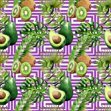 Tropikal Hawaii palmiye ağacı, kivi ve avokado desen bir suluboya tarzında bırakır.