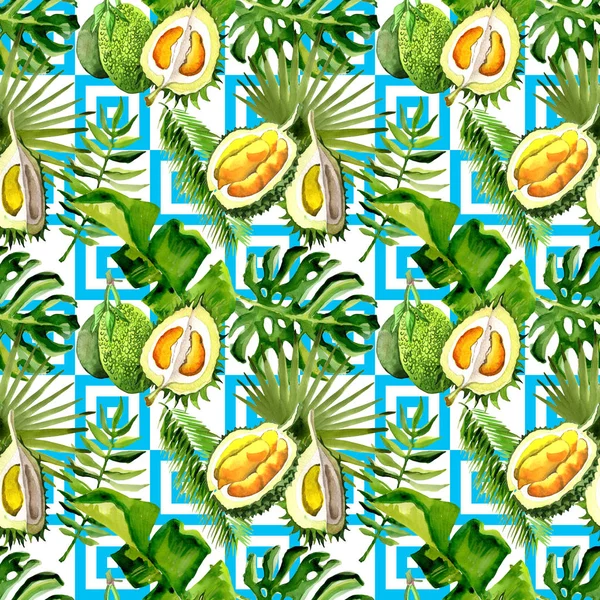 Tropische Hawaii-Blätter Palme und Durian-Muster im Aquarell-Stil. — Stockfoto