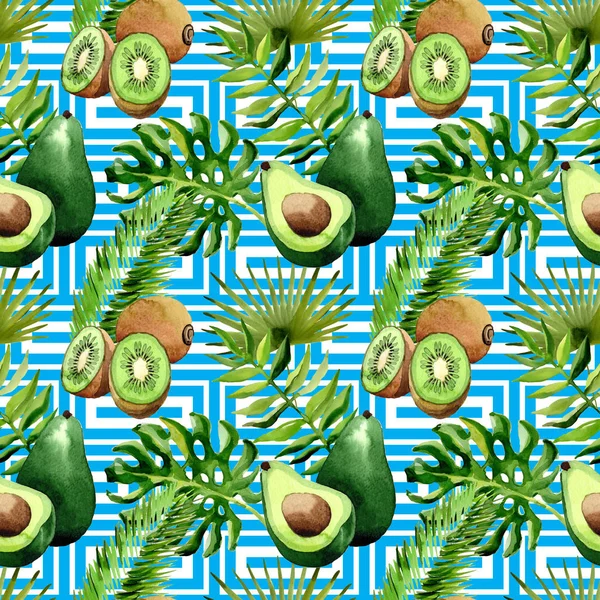 Tropical Hawaii deja palmera, kiwi y patrón de aguacate en un estilo acuarela . —  Fotos de Stock