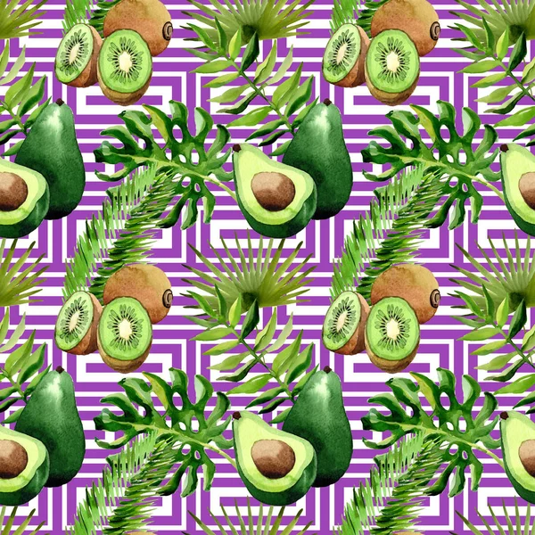 Tropical Hawaii leaves palm tree, kiwi and avocado pattern in a watercolor style. — Stock Photo, Image