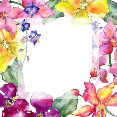 Kır çiçeği orkide çiçek çerçeve suluboya tarzında.