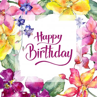 Kır çiçeği orkide çiçek çerçeve suluboya tarzında.