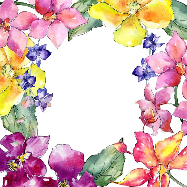 Kır çiçeği orkide çiçek çerçeve suluboya tarzında.