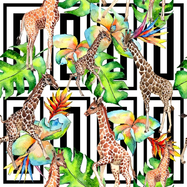 Egzotikus zsiráf vadon élő állatok minta akvarell stílusú. — Stock Fotó