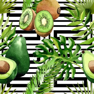Tropikal Hawaii palmiye ağacı, kivi ve avokado desen bir suluboya tarzında bırakır.